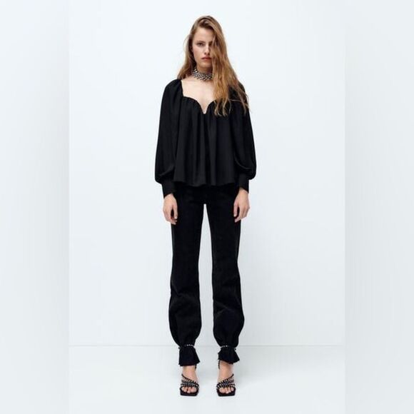ZARA FLOWY SWEETHEART NECKLINE BLOUSE - Picture 3 of 6